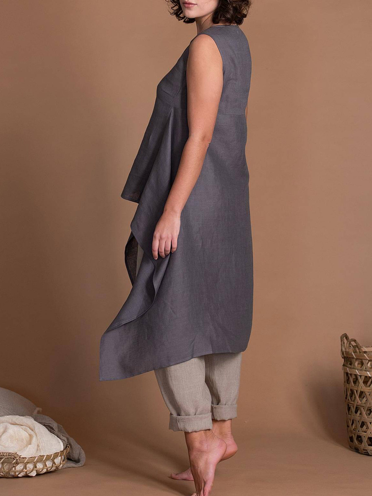 Crew Neck Linen Plain Loose Tank Top