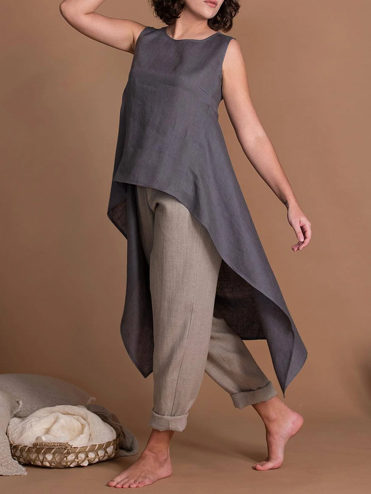 Crew Neck Linen Plain Loose Tank Top