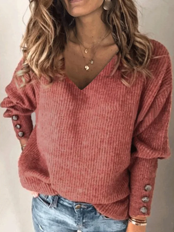 V Neck Casual Loose Plain Sweater