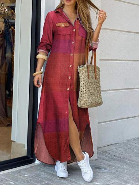 Shawl Collar Casual Loose Shirt Dress With No