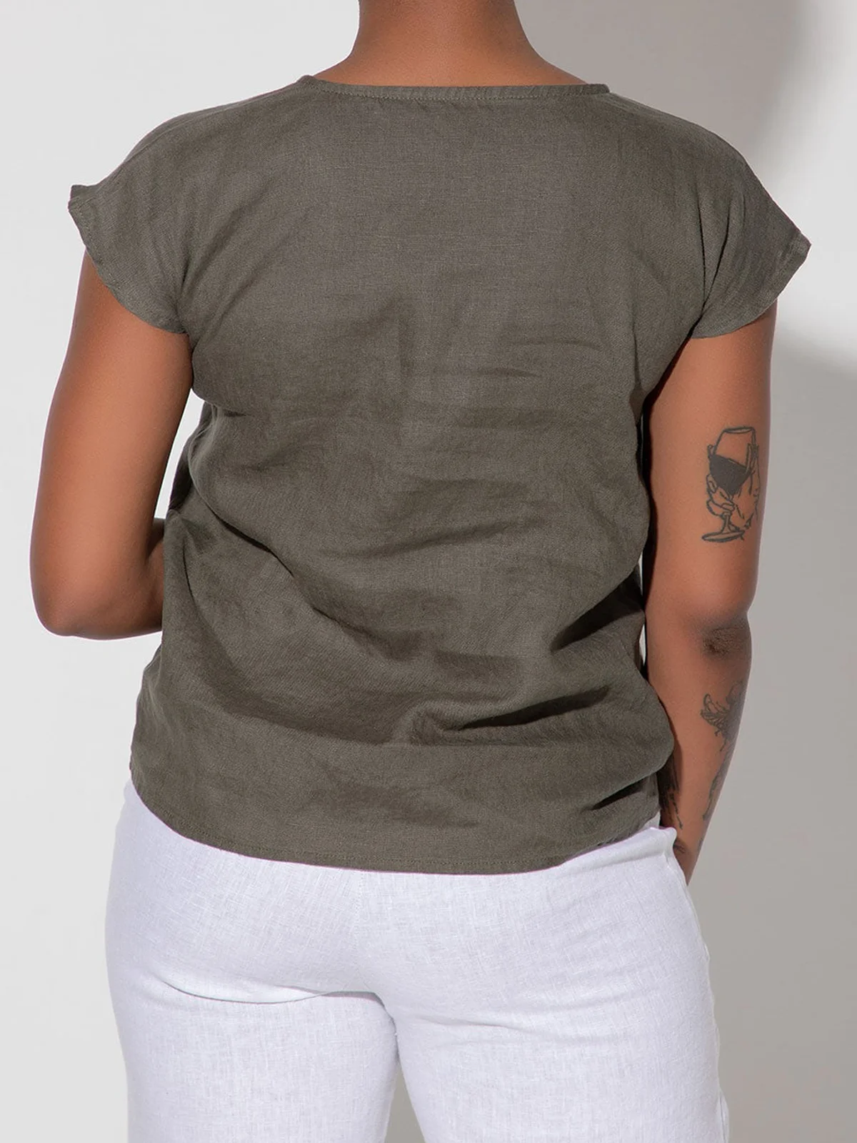 Women Plain Crew Neck Linen Short Sleeve T-shirt