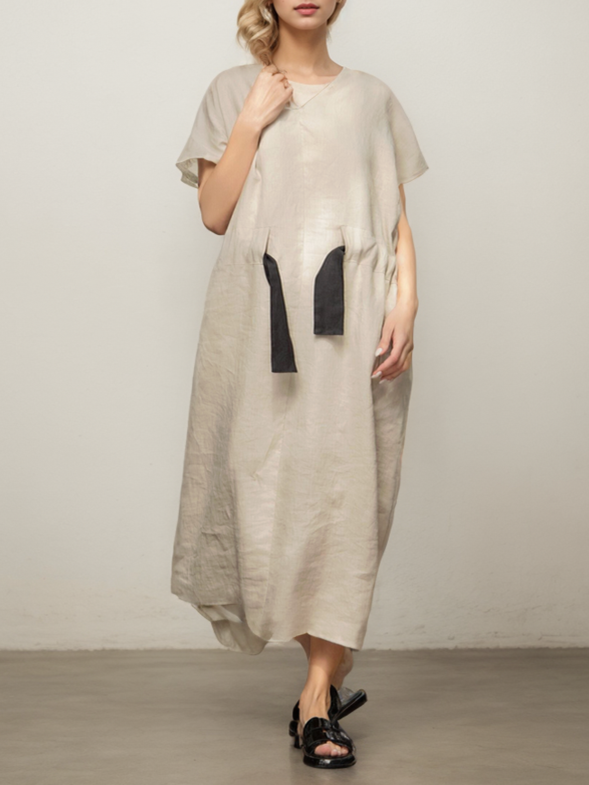 Linen Loose Plain Dress With No