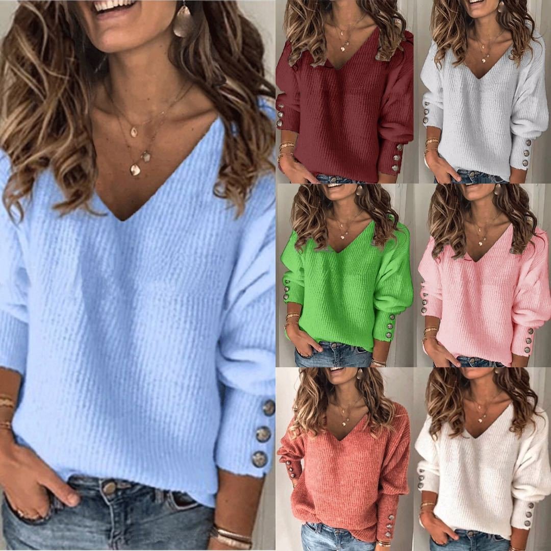 V Neck Casual Loose Plain Sweater