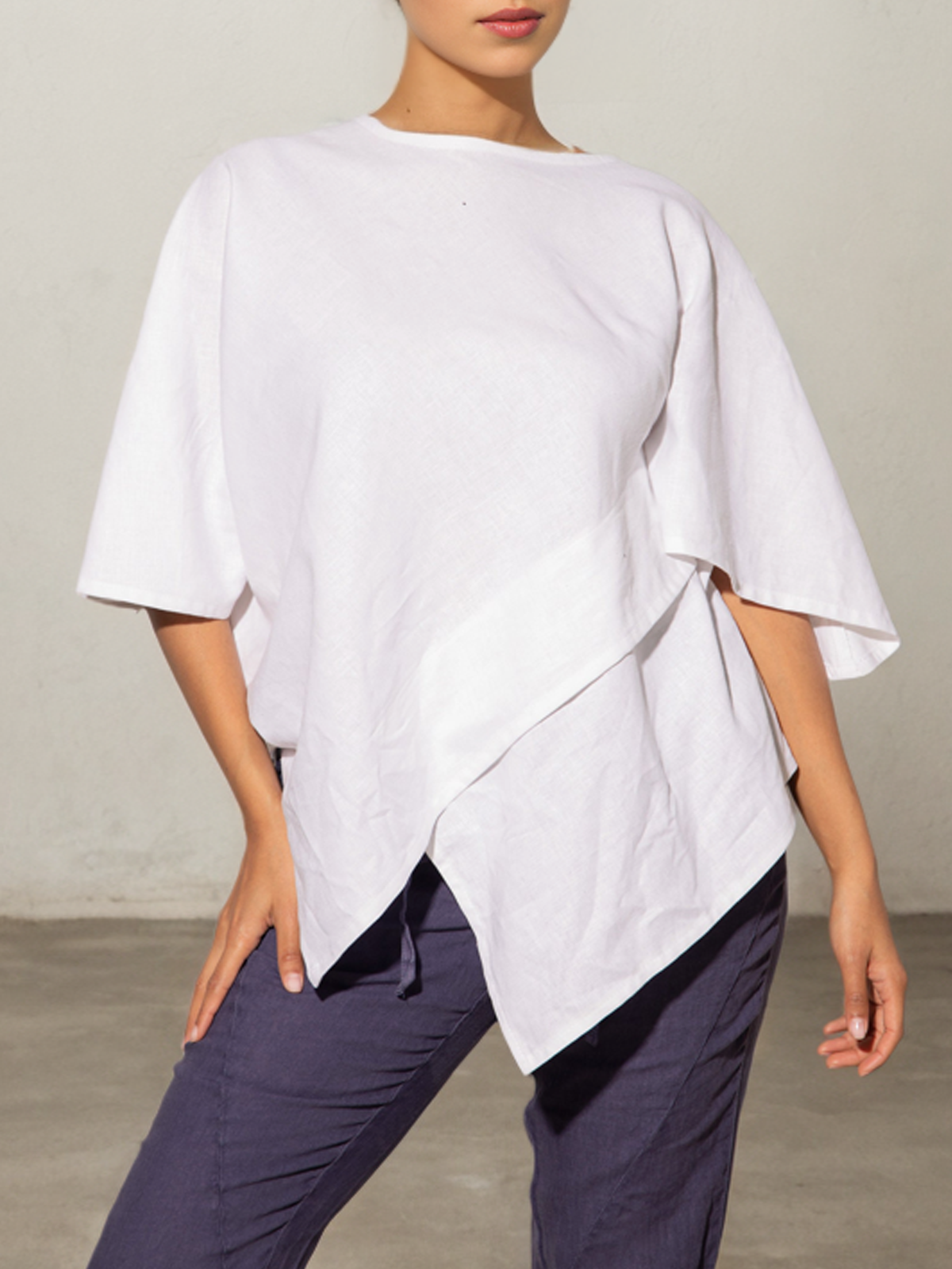 Women Plain Crew Neck Linen Short Sleeve T-shirt