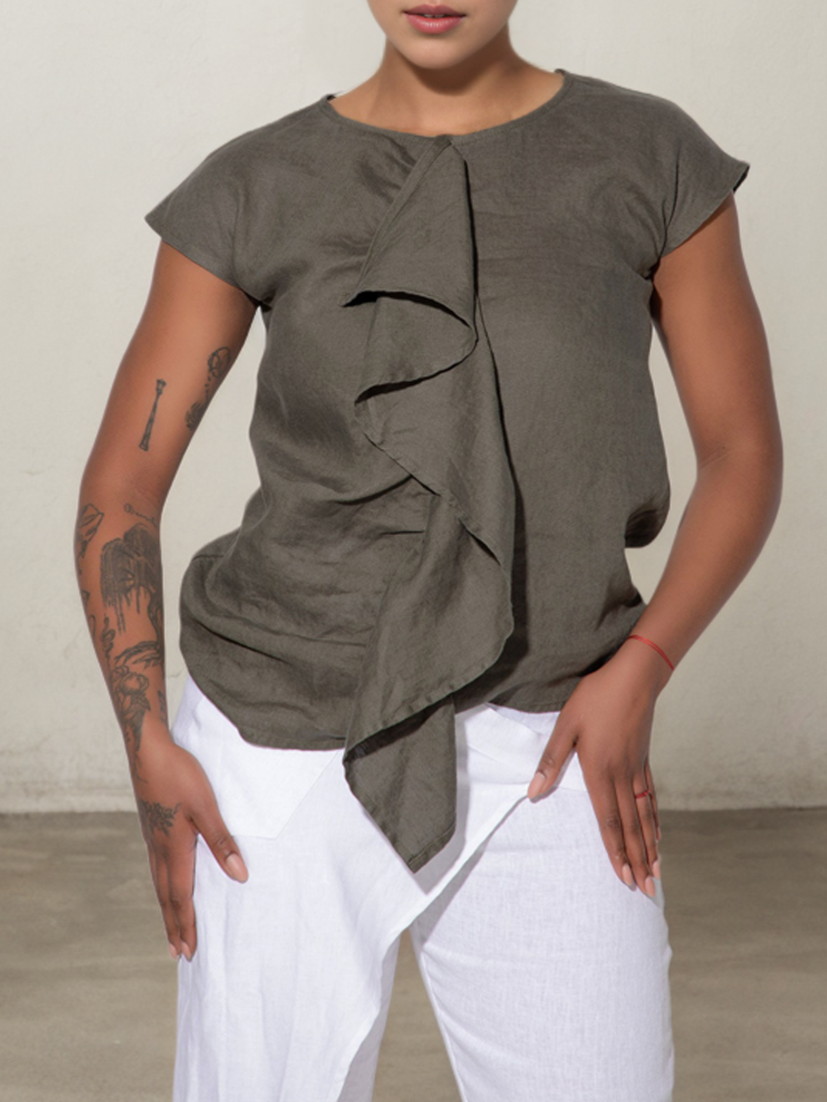 Women Plain Crew Neck Linen Short Sleeve T-shirt