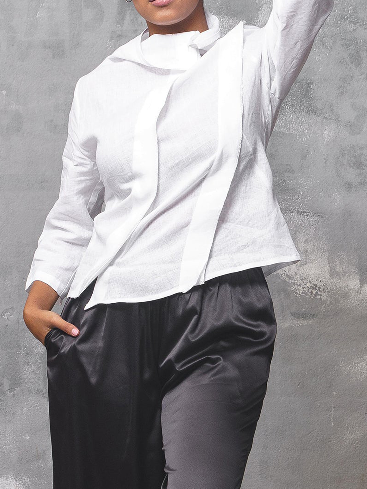 Plain Linen Mock Neck Loose Blouse