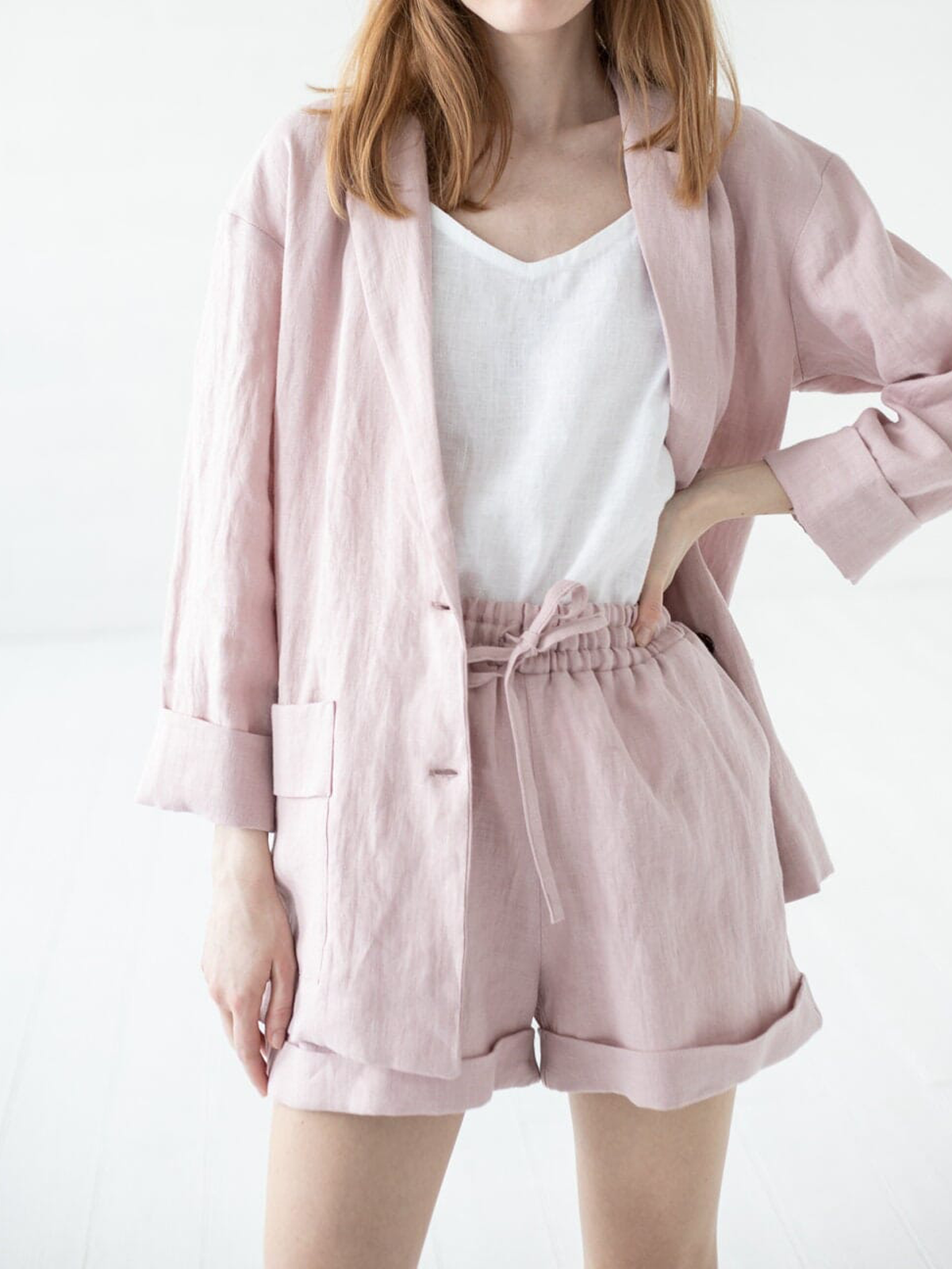 Plain Lapel Collar Linen Loose Two-Piece Set