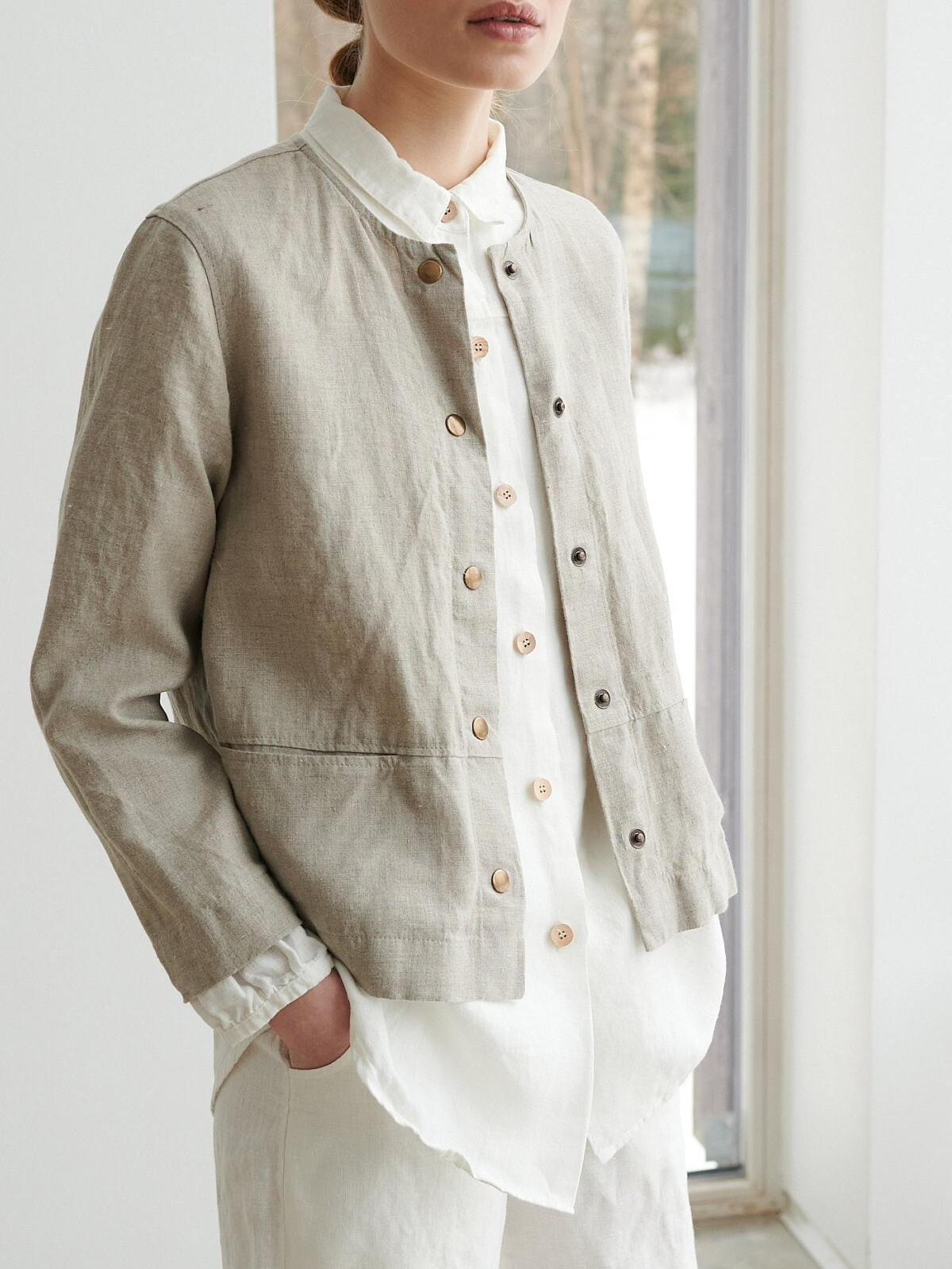 Loose Stand Collar Linen Jacket