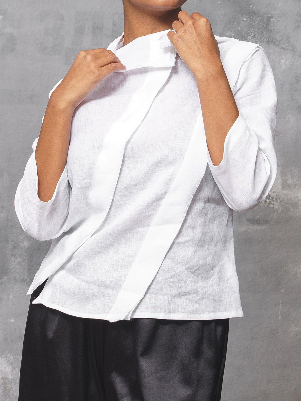 Plain Linen Mock Neck Loose Blouse