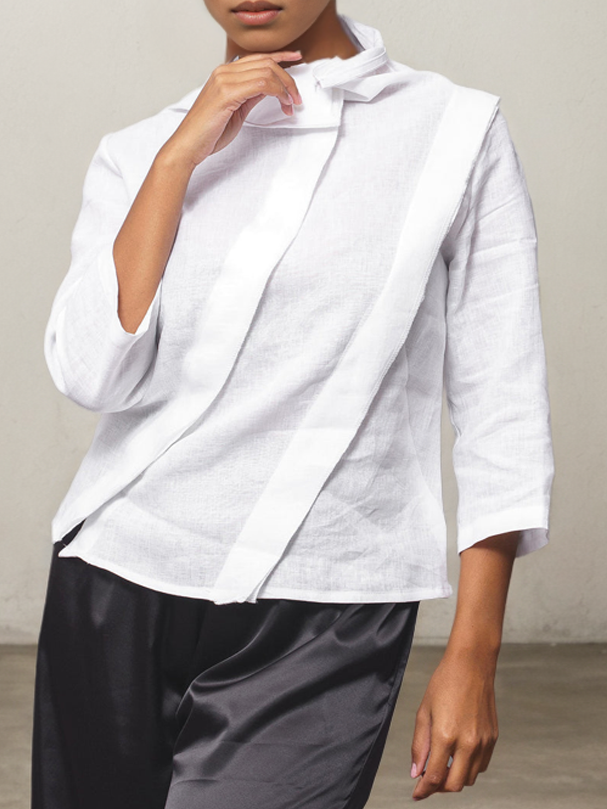 Plain Linen Mock Neck Loose Blouse