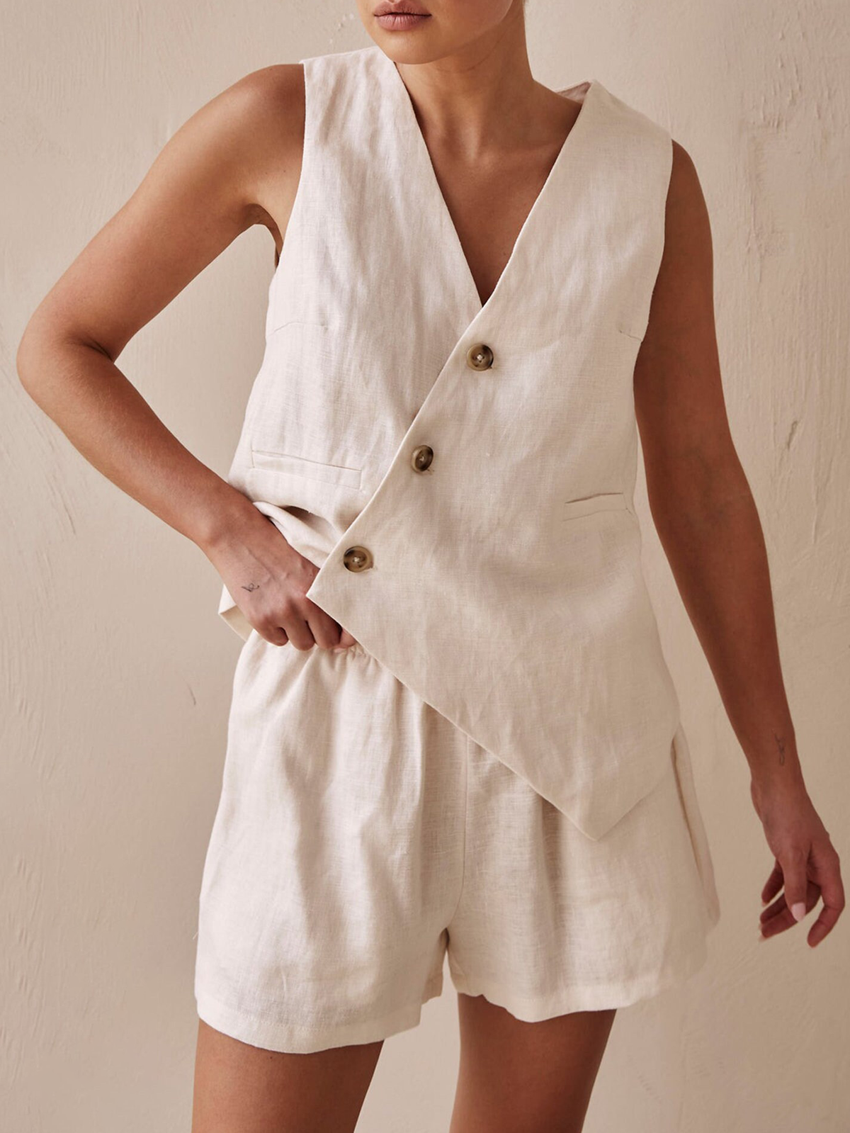 Linen V Neck Cotton And Linen Regular Fit Two-Piece Set