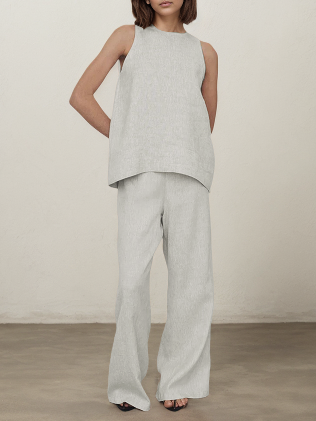 Crew Neck Plain Linen Loose Two-Piece Set