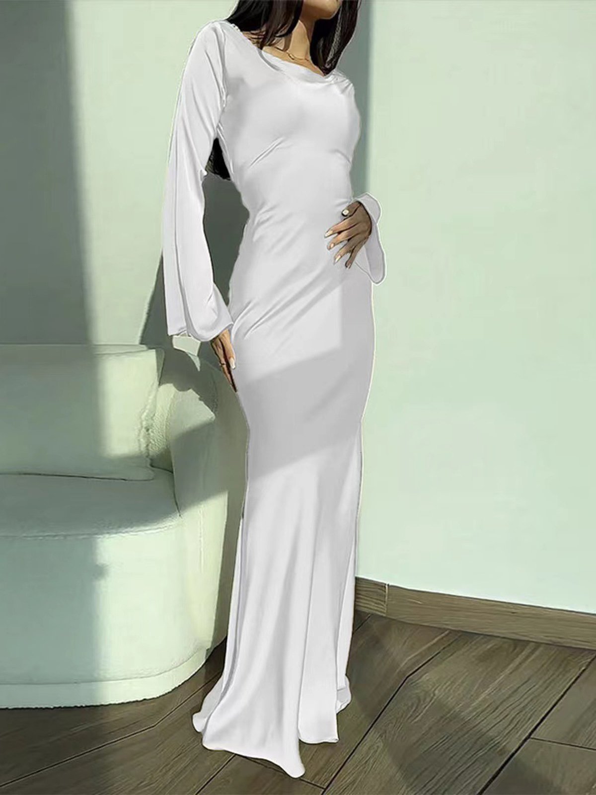 Women's Long Sleeve Spring/Fall White Plain Crew Neck Daily Going Out Elegant Maxi X-Line Dress