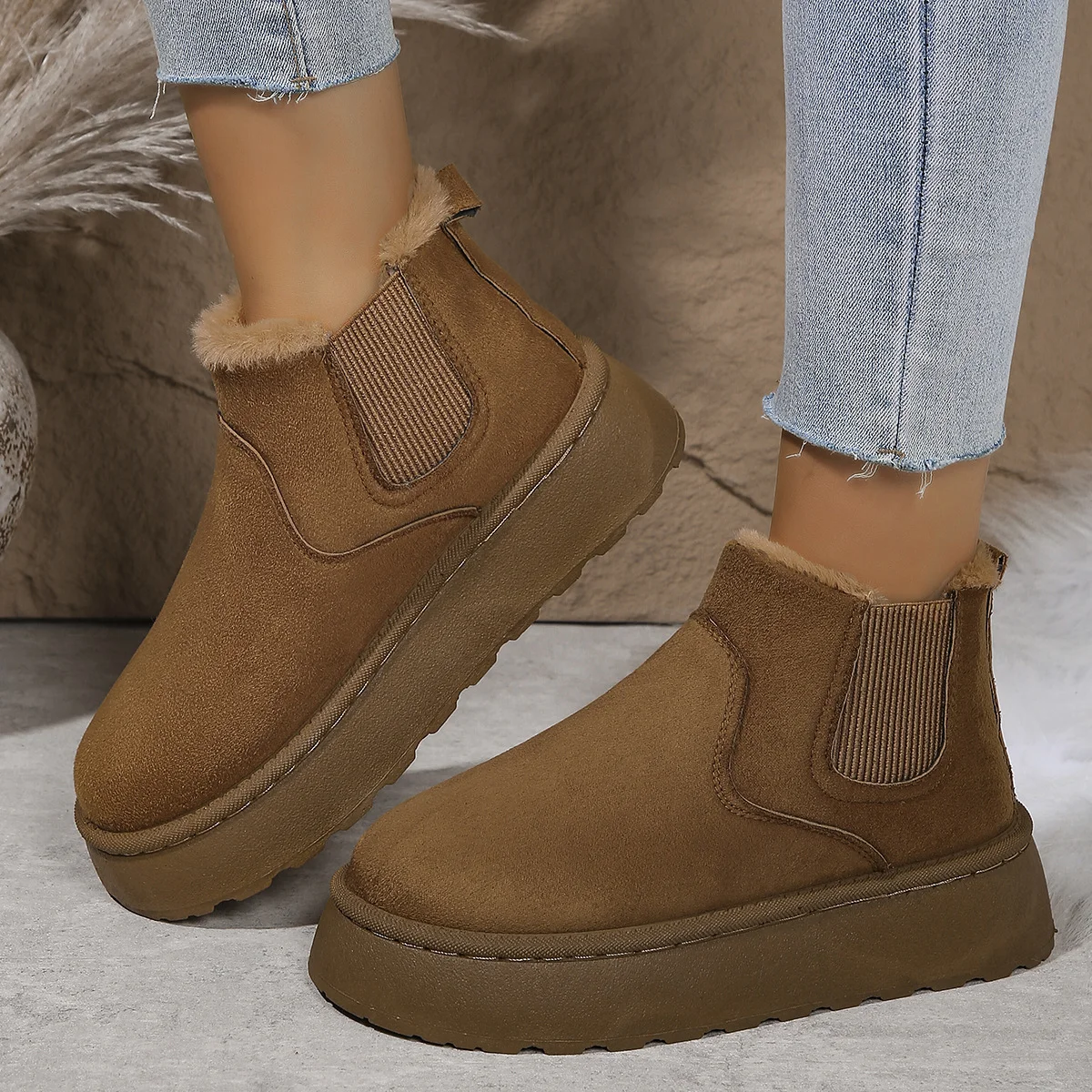 Winter Simple Plain Faux Fur Cotton-Padded Boots