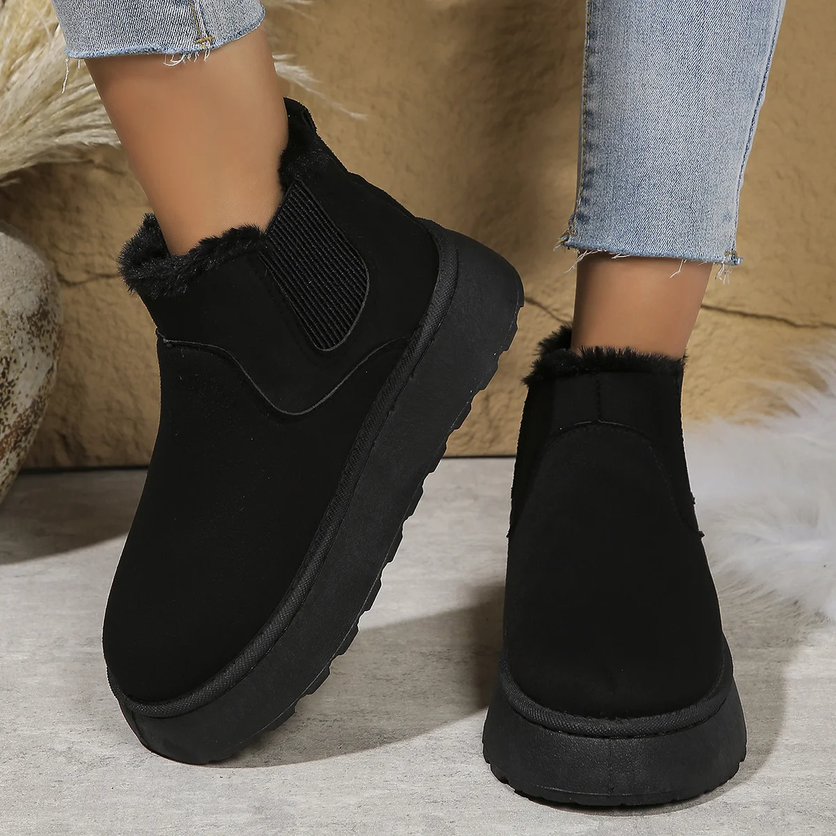 Winter Simple Plain Faux Fur Cotton-Padded Boots