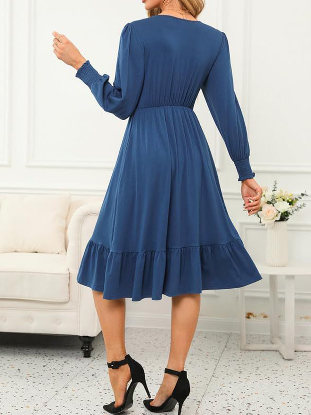 Women's Long Sleeve Spring/Fall Blue Plain V Neck Daily Going Out Casual Midi H-Line Dress