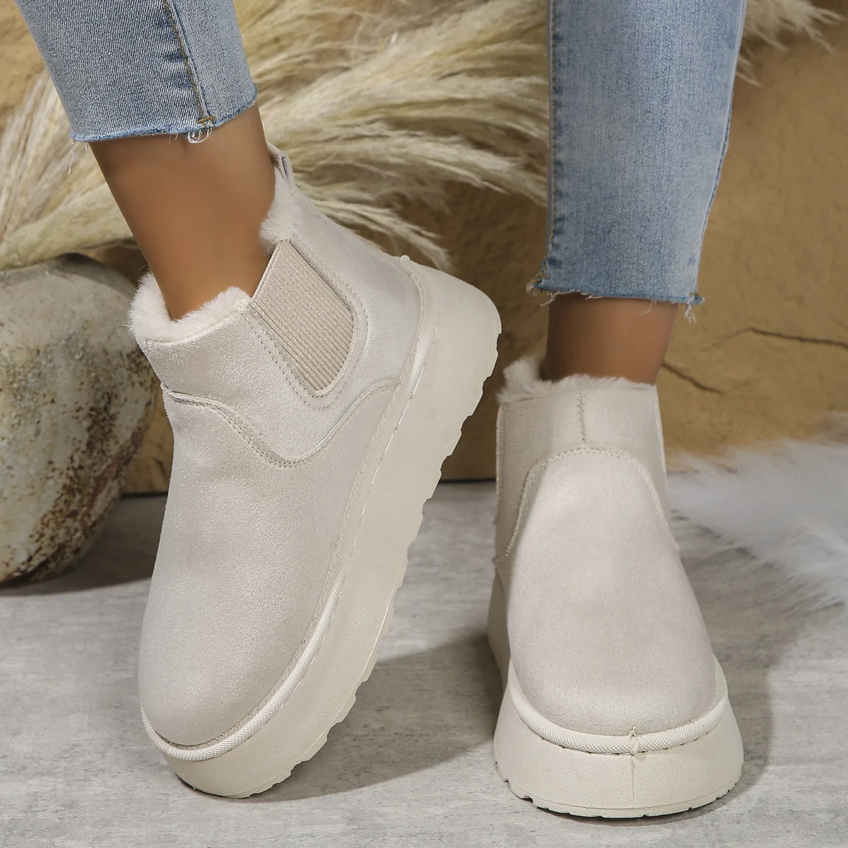 Winter Simple Plain Faux Fur Cotton-Padded Boots