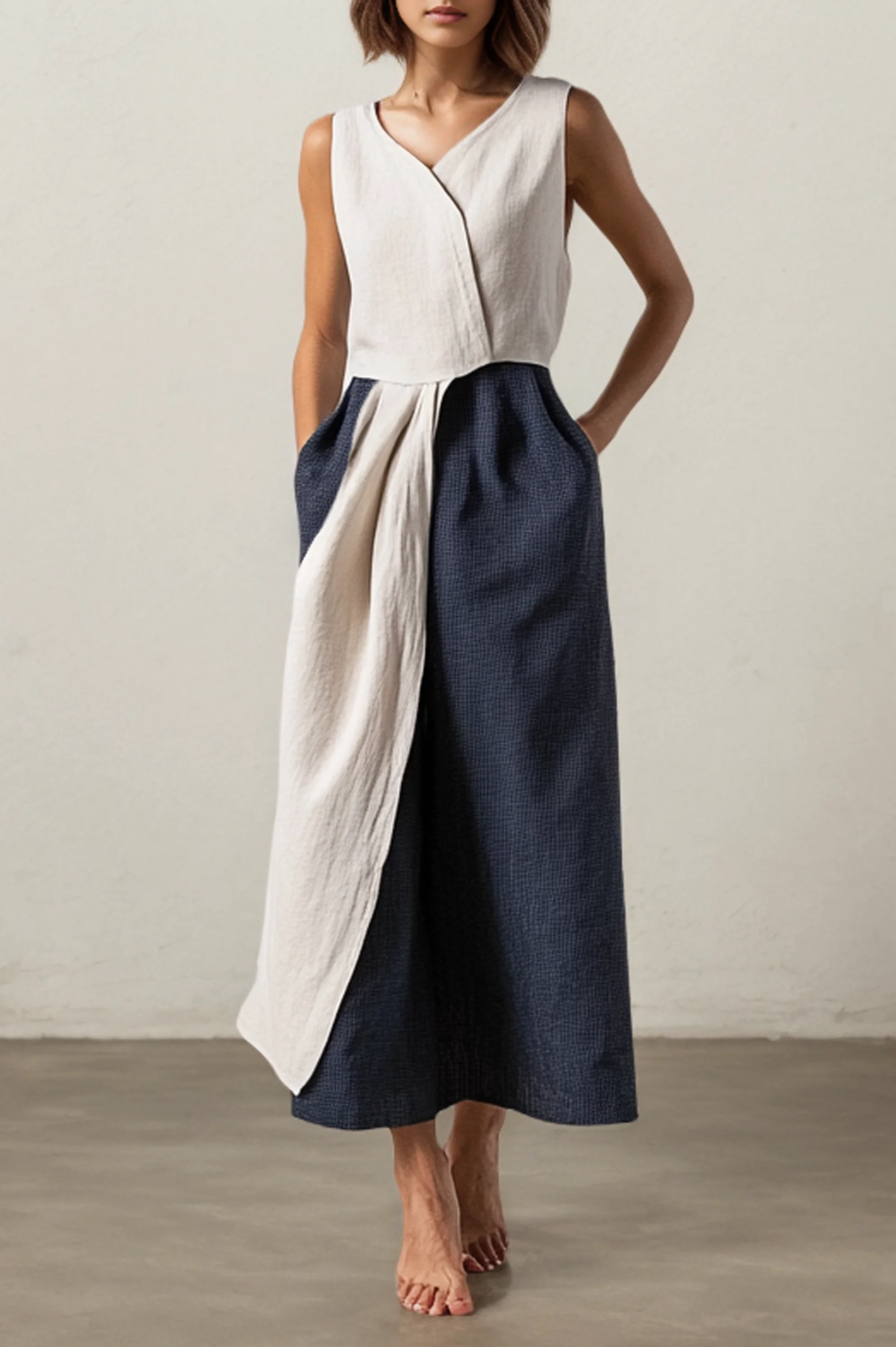 Linen Crew Neck Cotton And Linen Dress