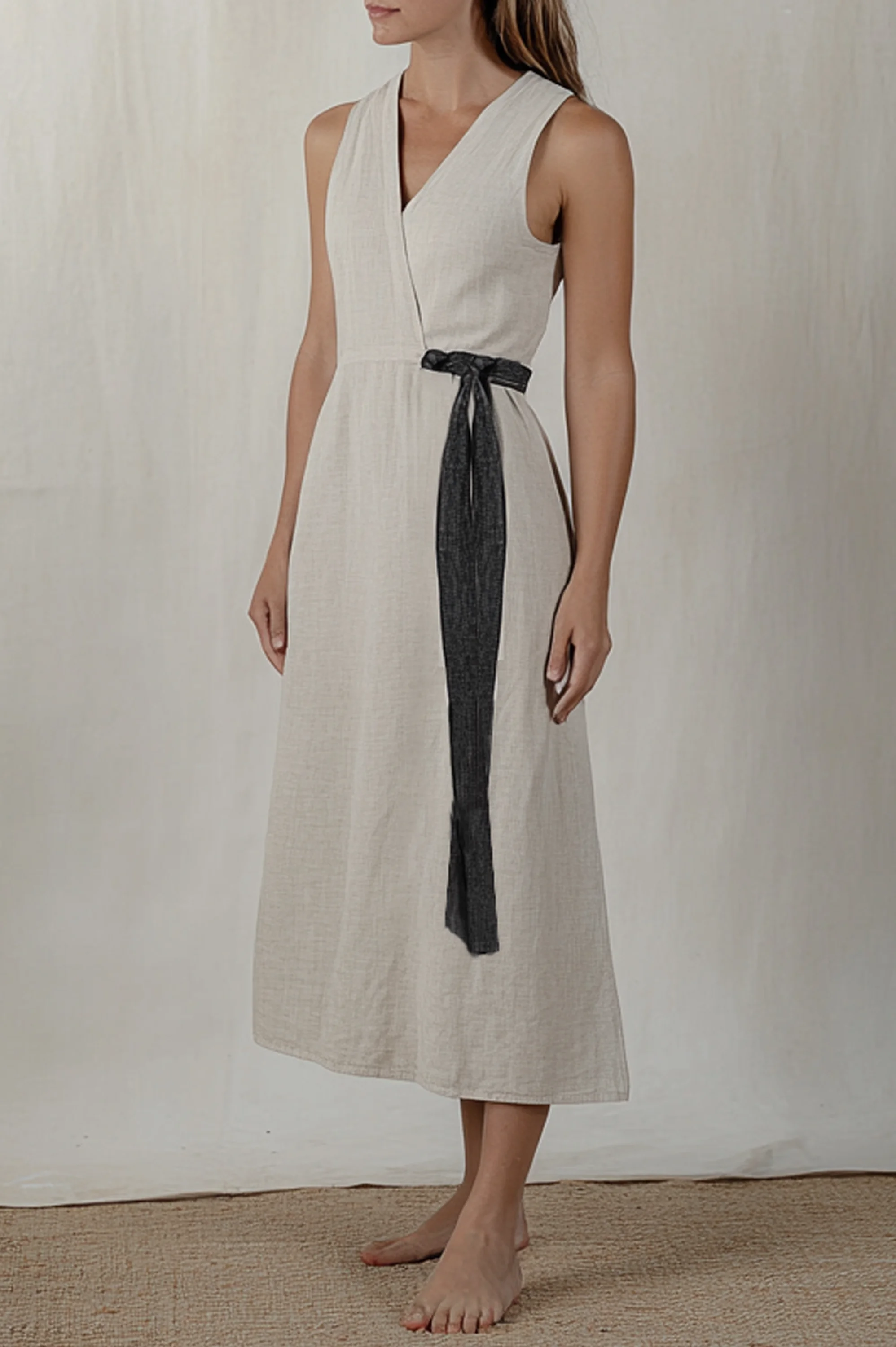 V Neck Plain Linen Cotton And Linen Dress