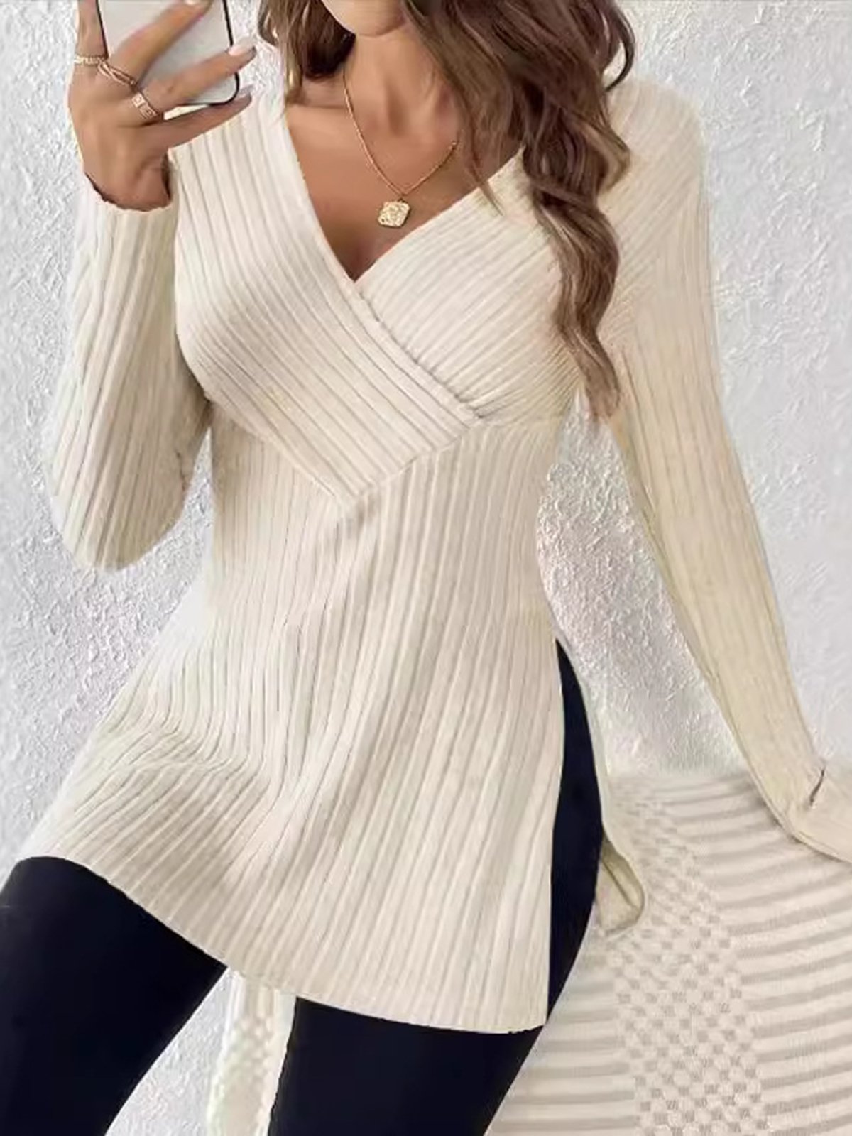 Women's Long Sleeve Blouse Spring/Fall Black Plain V Neck Daily Going Out Casual Top