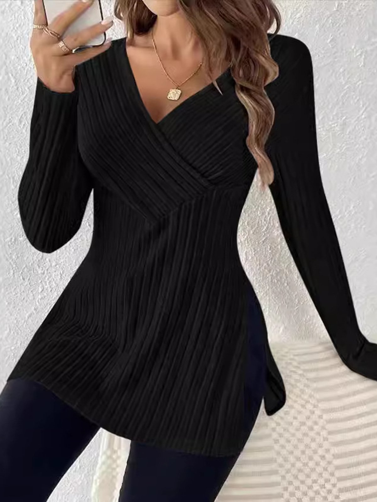 Women's Long Sleeve Blouse Spring/Fall Black Plain V Neck Daily Going Out Casual Top