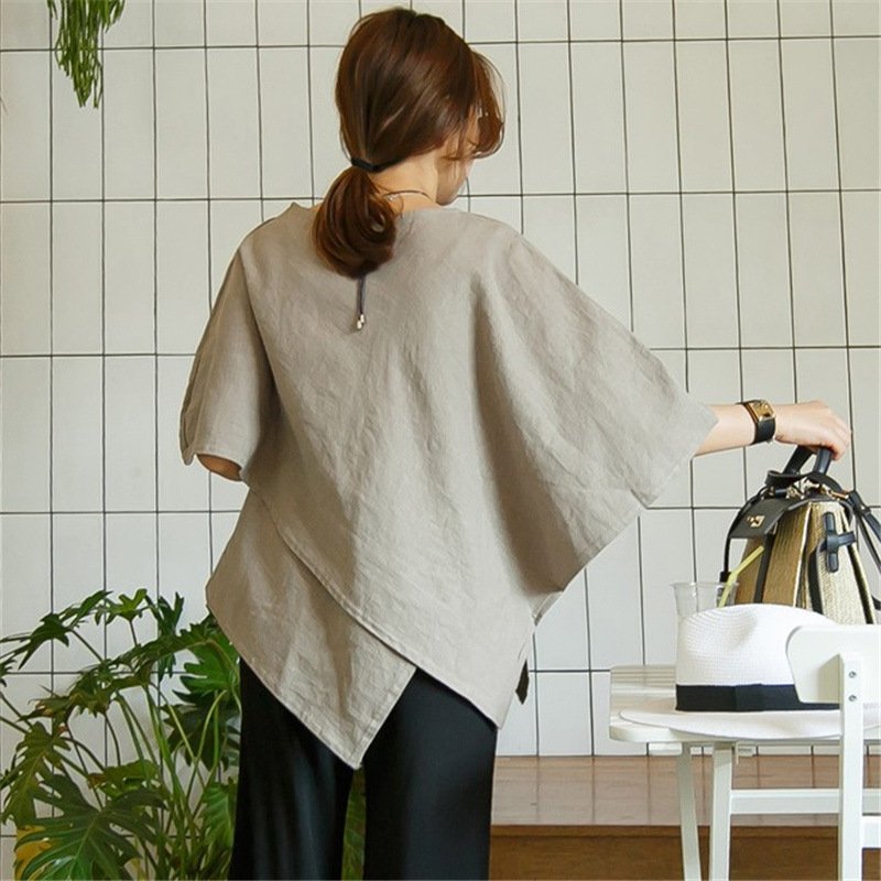 Linen Cotton And Linen Loose Crew Neck Blouse