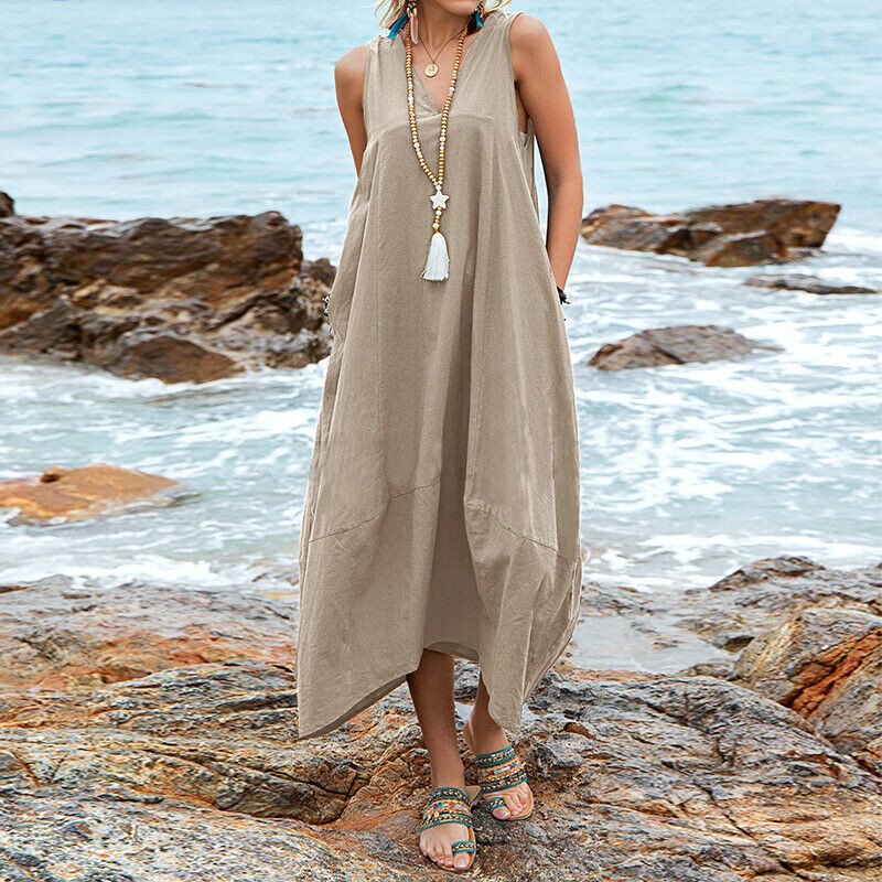 Plain Linen Loose Cotton And Linen Dress With No