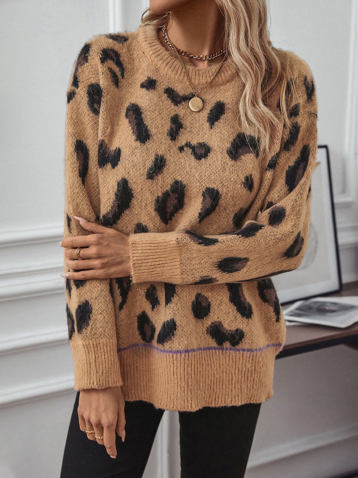 Loose Casual Leopard Crew Neck Sweater