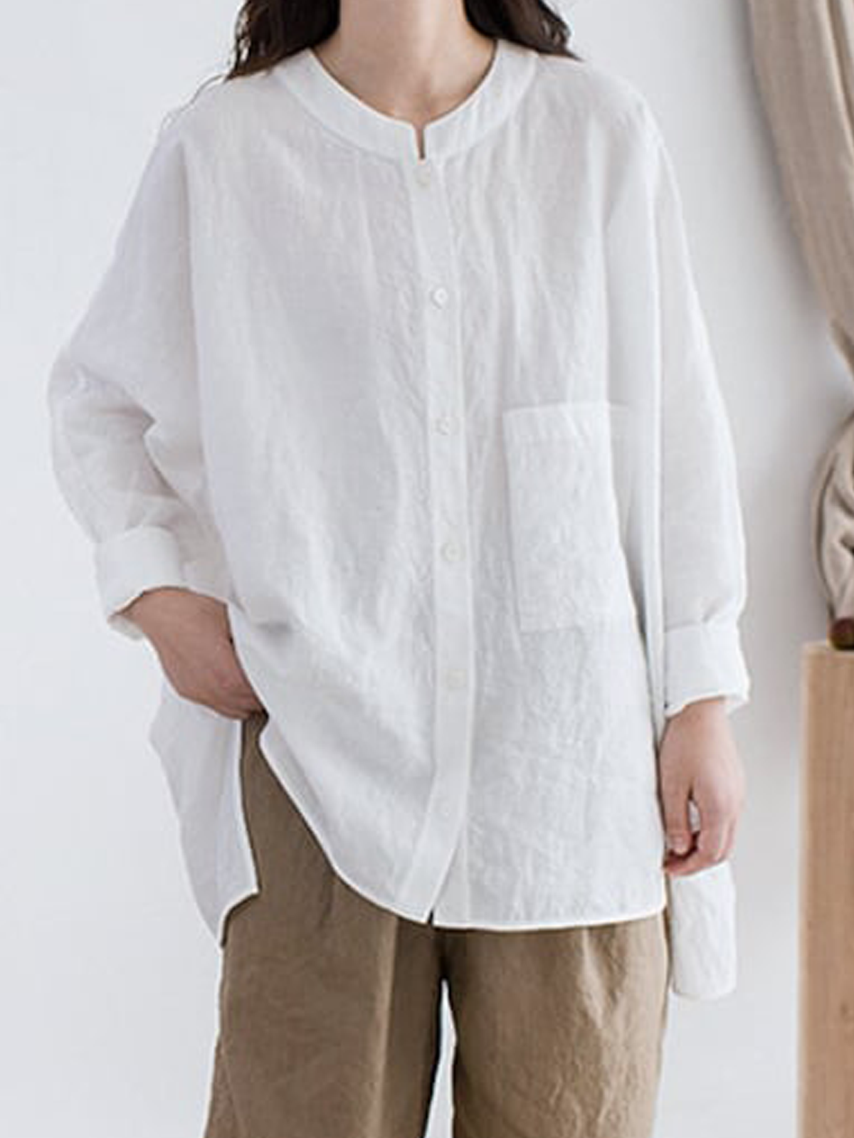 Loose Cotton And Linen Stand Collar Linen Shirt