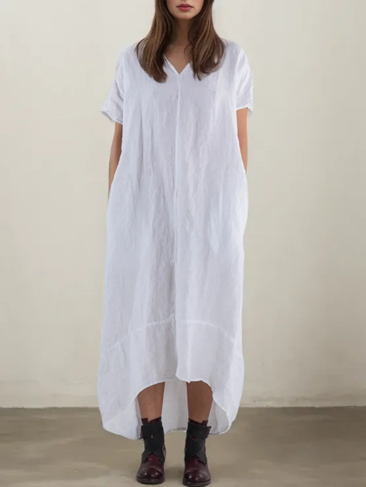 Cotton And Linen Plain Linen Dress With No