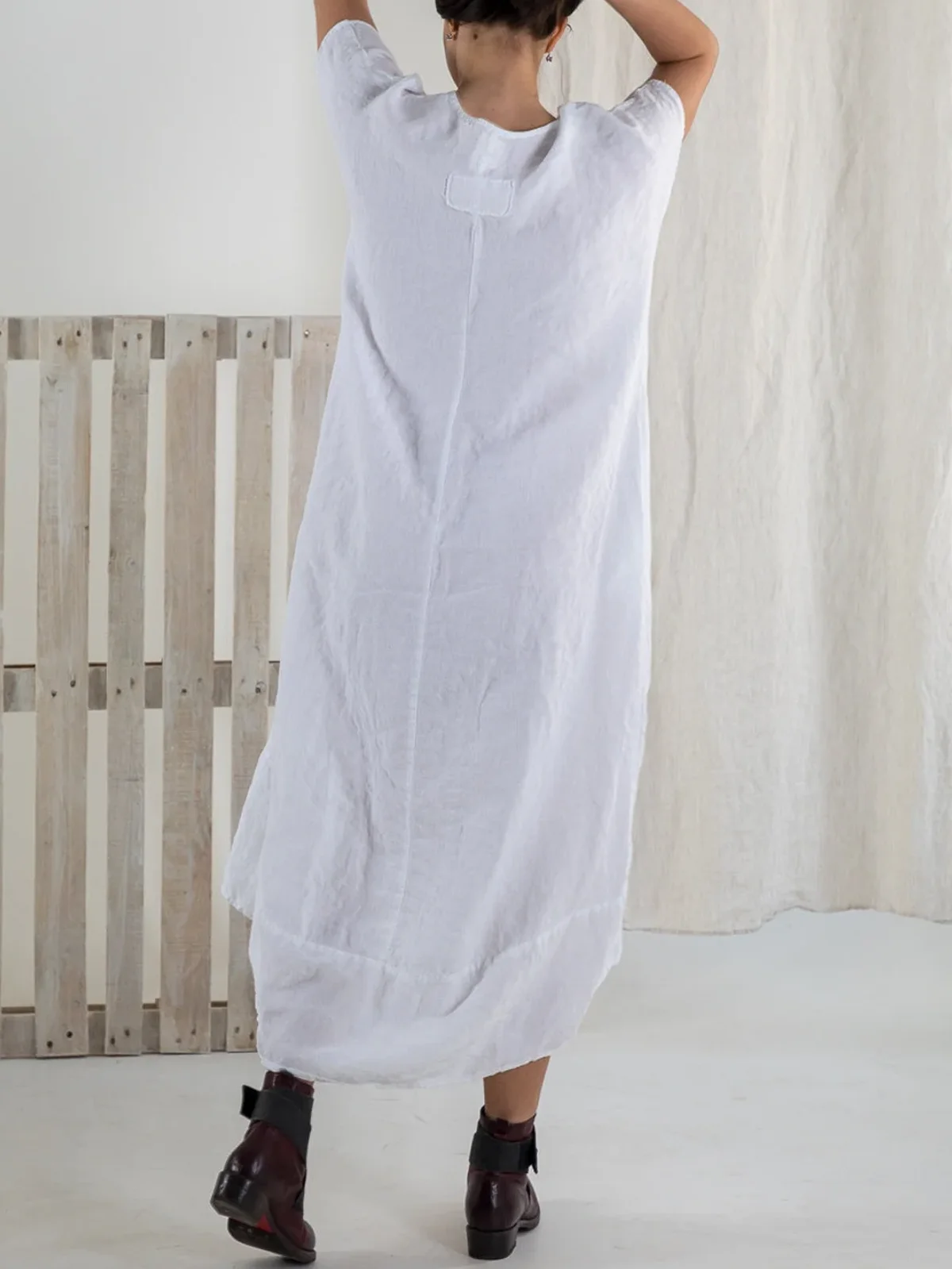 Cotton And Linen Plain Linen Dress With No