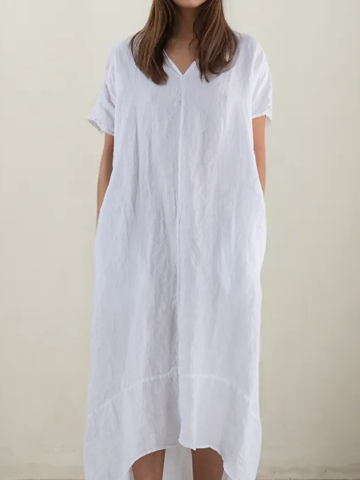 Cotton And Linen Plain Linen Dress With No