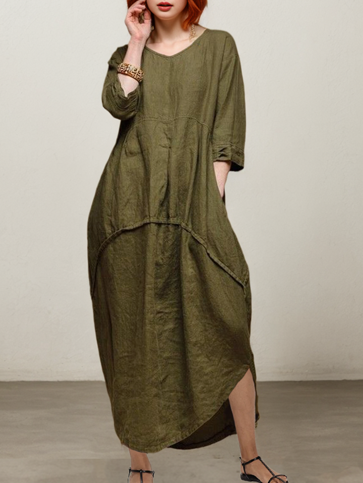 Linen Crew Neck Washed Fabric Dress