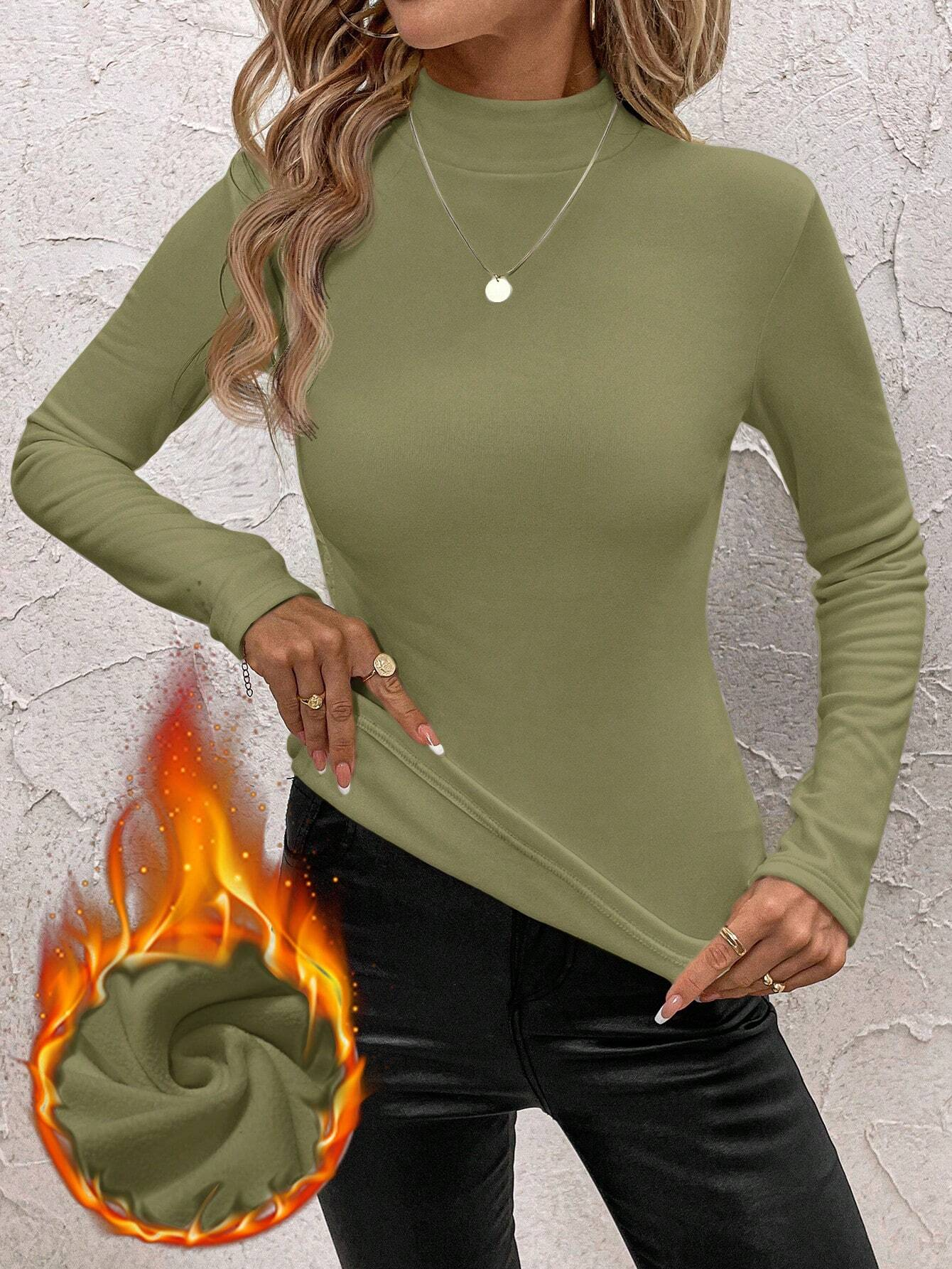 Women Plain Mock Neck Vintage Long Sleeve T-shirt