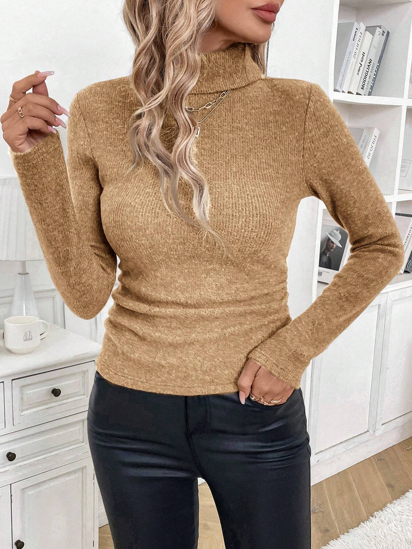 Women's Solid Turtleneck Long Sleeve Fleece Lined Slim Fit T-Shirt Sweater