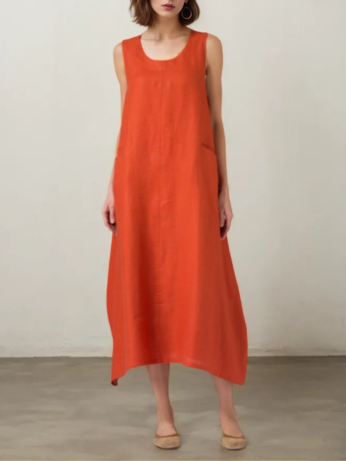 Linen Plain Loose Scoop Neck Dress