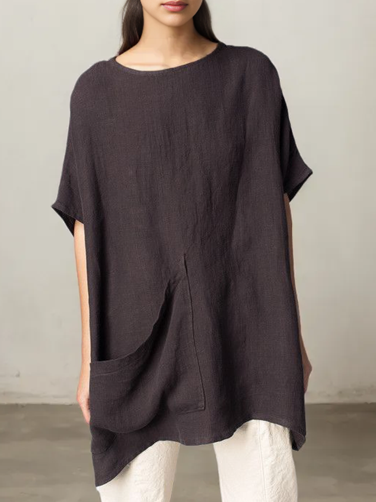 Linen Cotton And Linen Crew Neck Plain Blouse