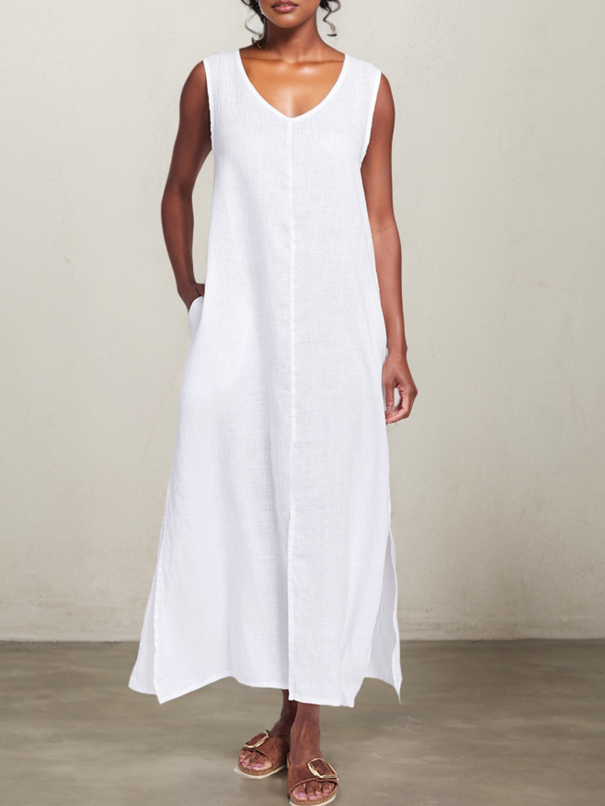 Loose Cotton And Linen Linen V Neck Dress