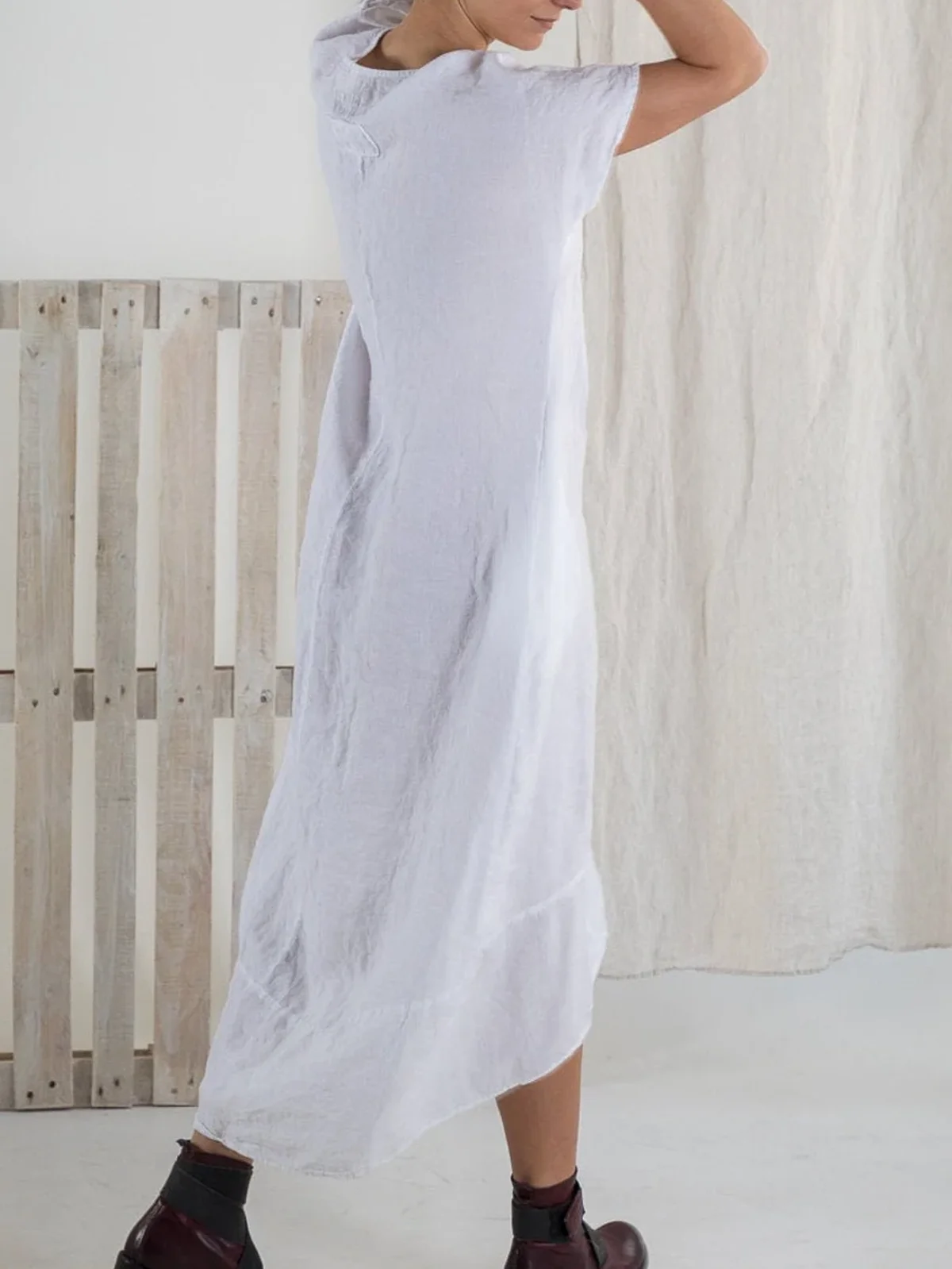 Cotton And Linen Plain Linen Dress With No