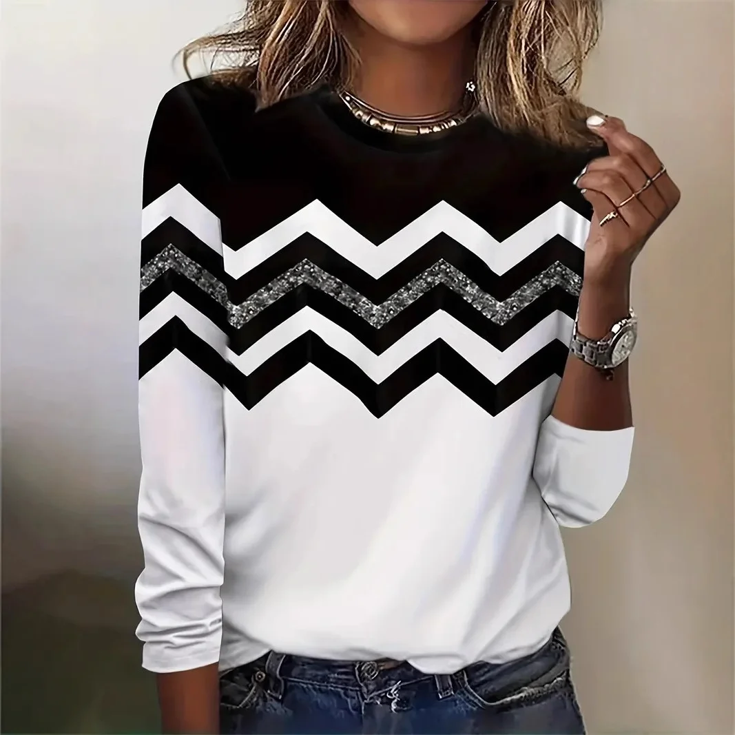 Women Striped Crew Neck Casual Long Sleeve T-shirt