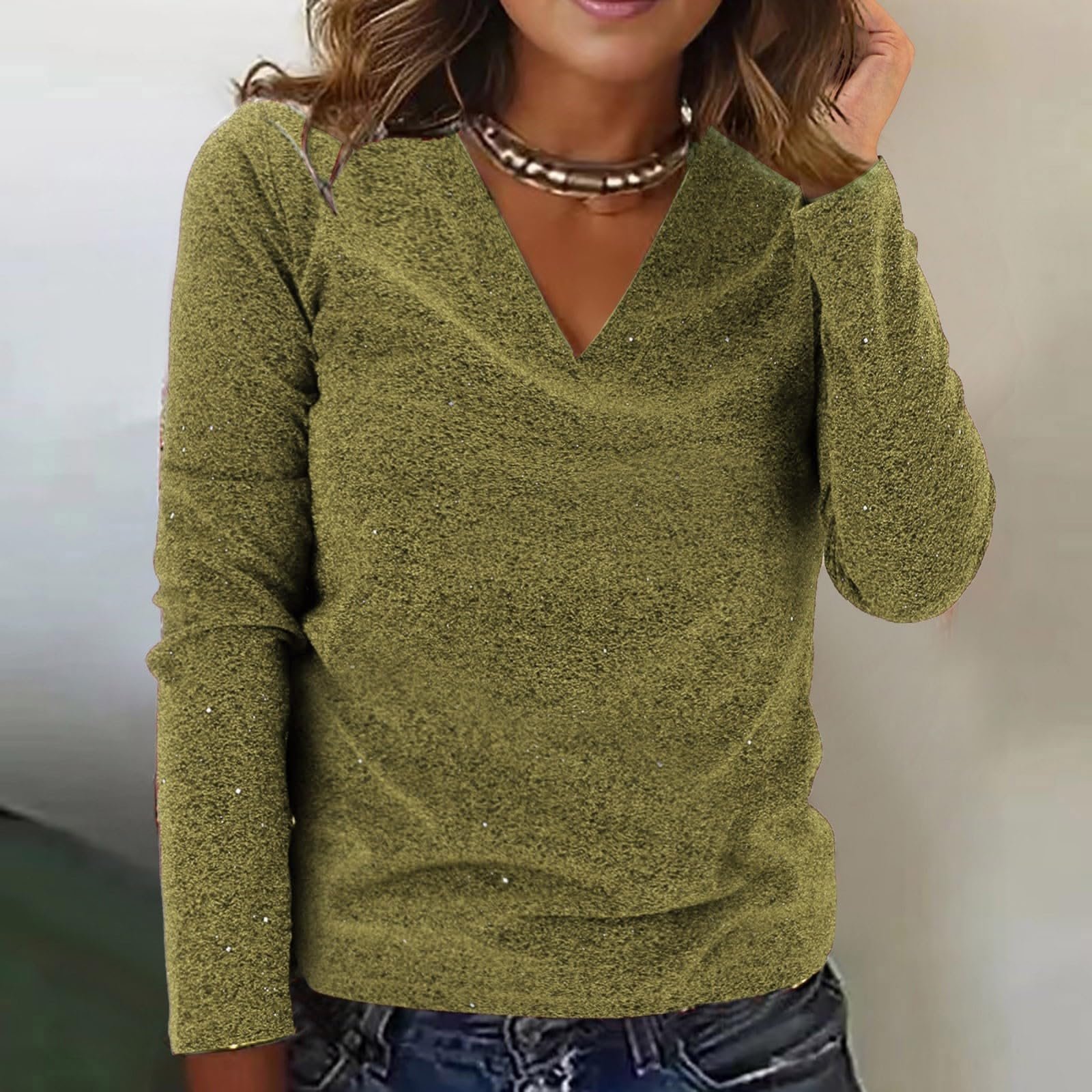 Women Plain V Neck Casual Long Sleeve T-shirt