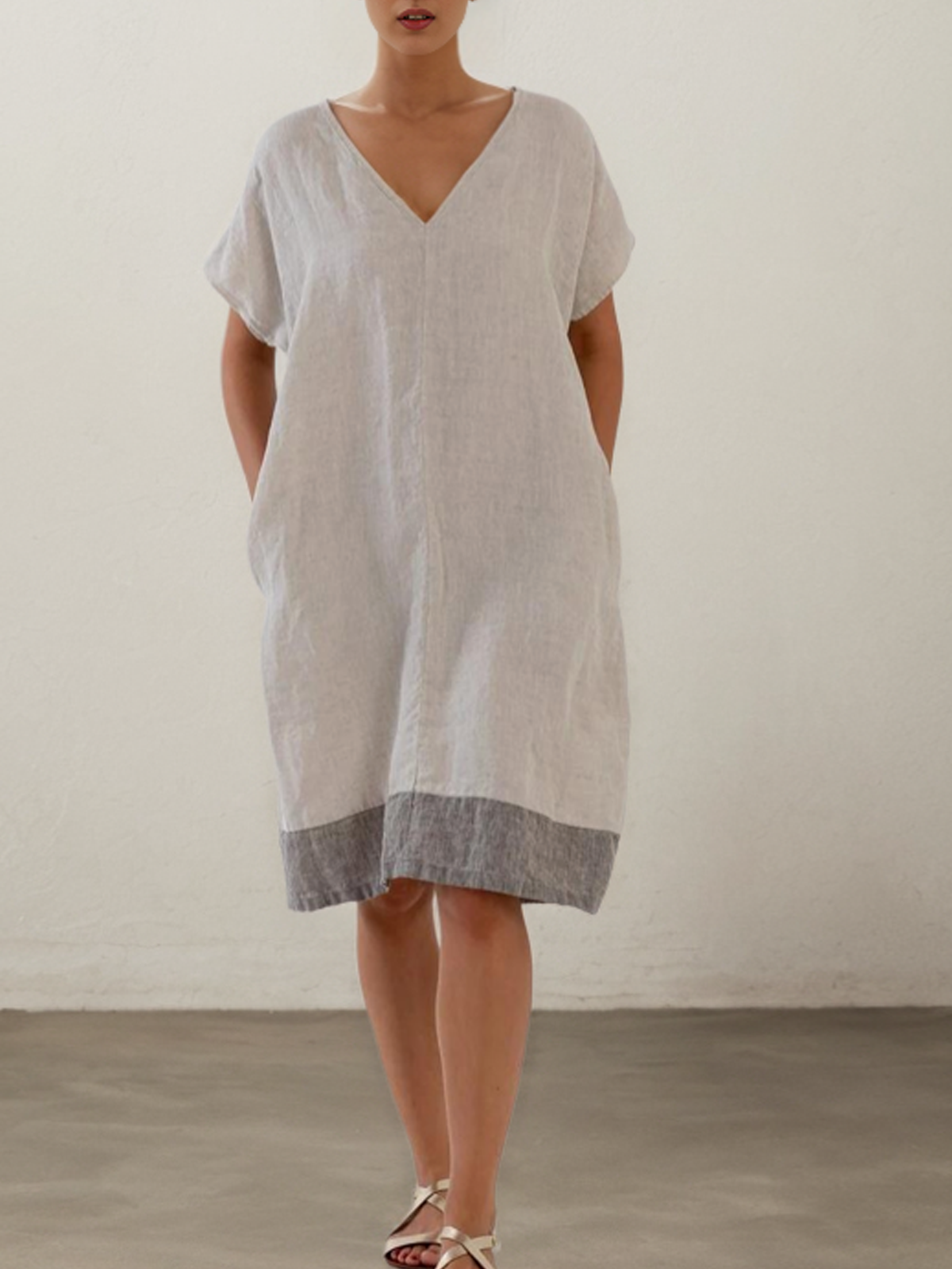 Linen Plain Crew Neck Mini Dress