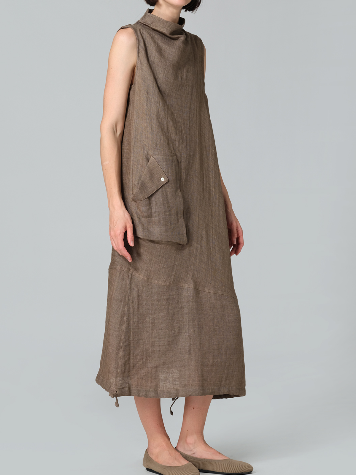 Linen Plain Mock Neck Maxi Dress