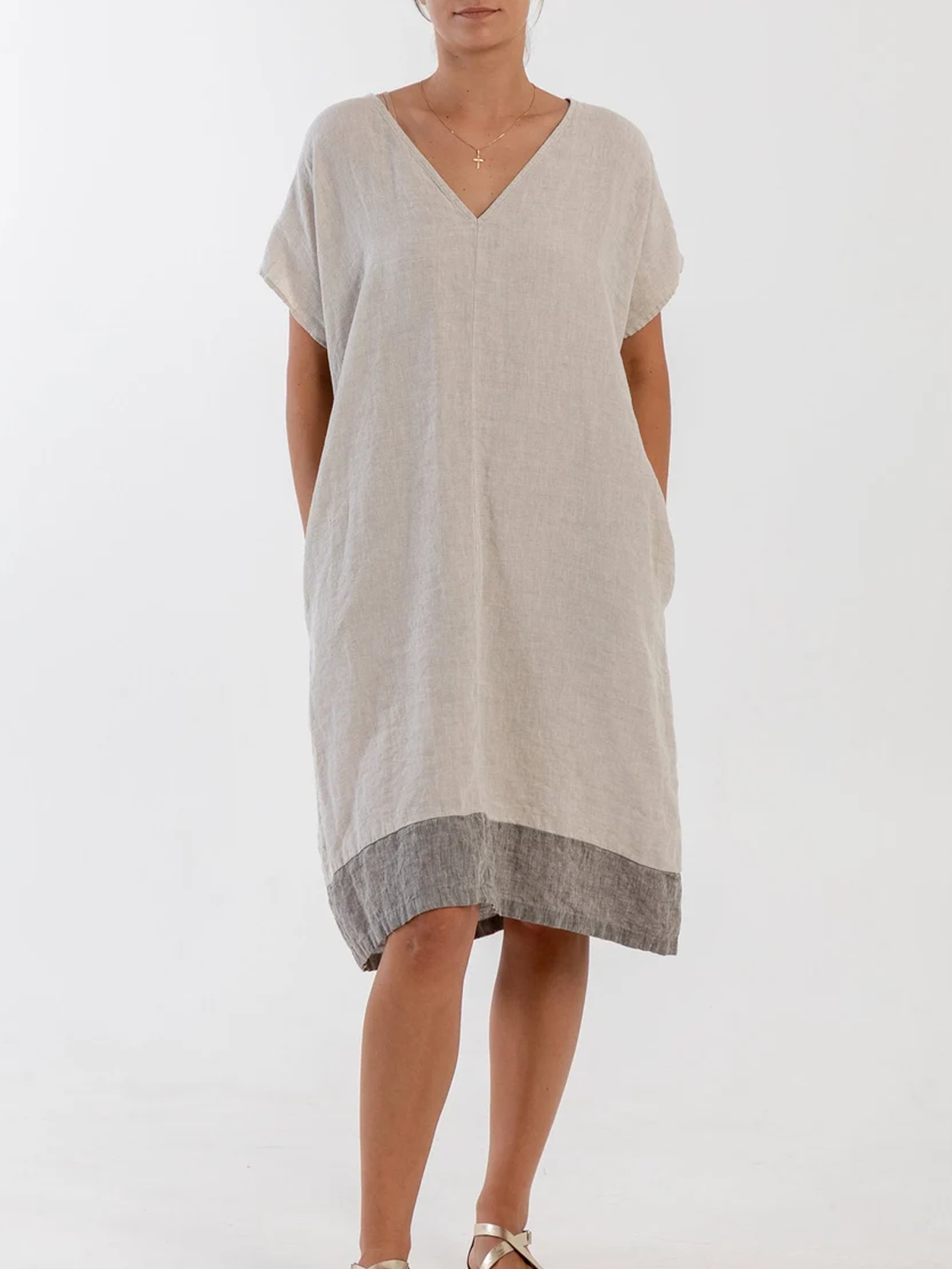 Linen Plain Crew Neck Mini Dress