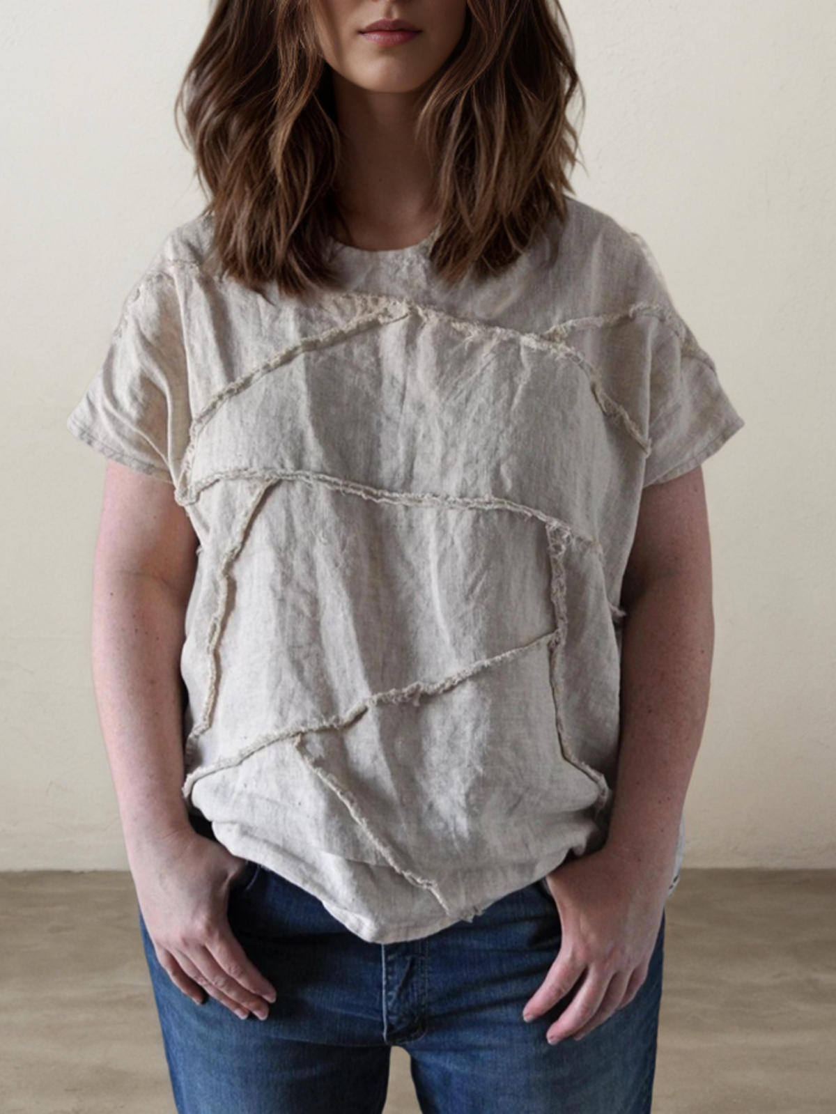 Cotton-Blend Linen Plain Crew Neck Blouse