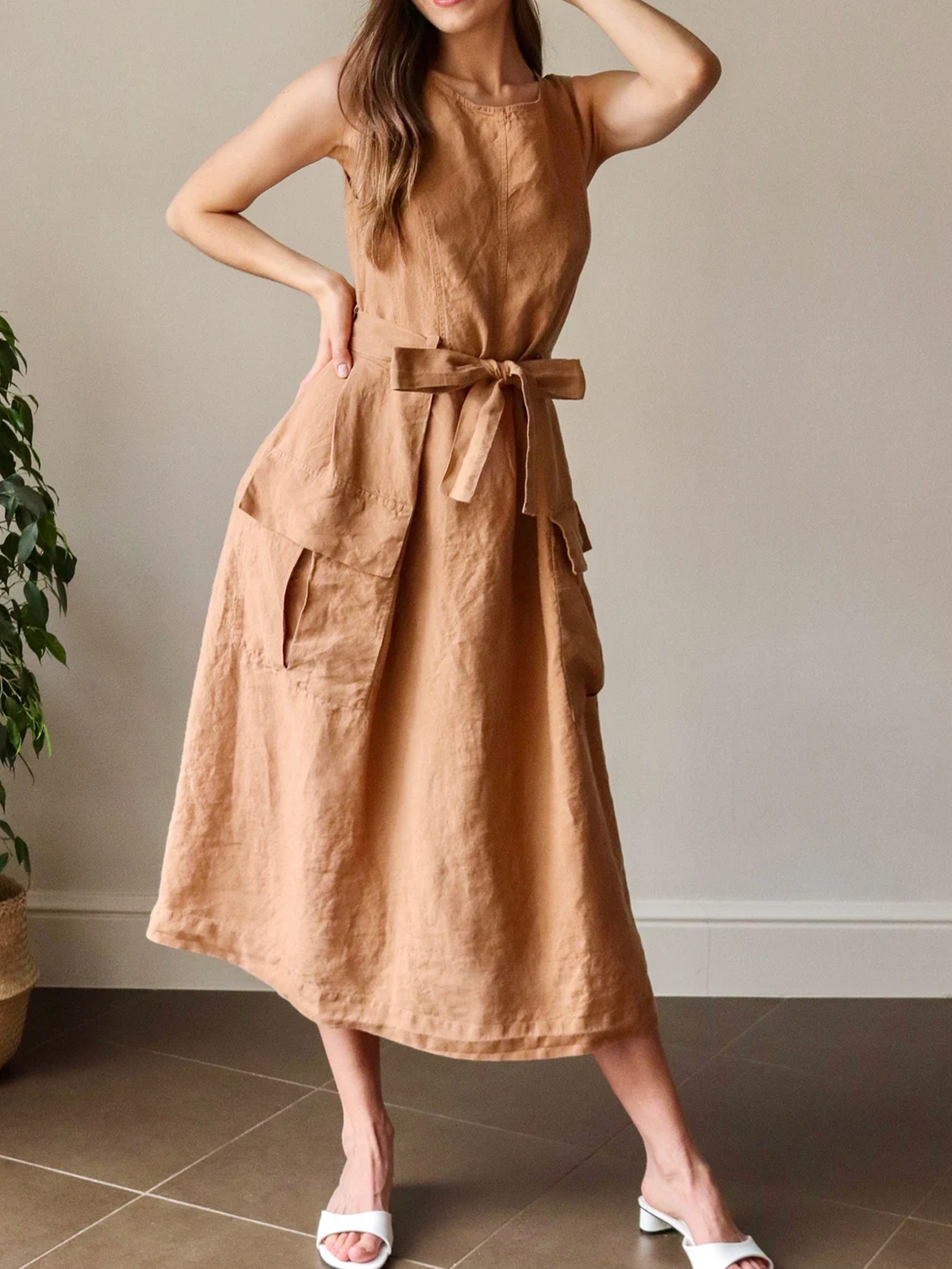 Linen Plain Crew Neck Maxi Dress