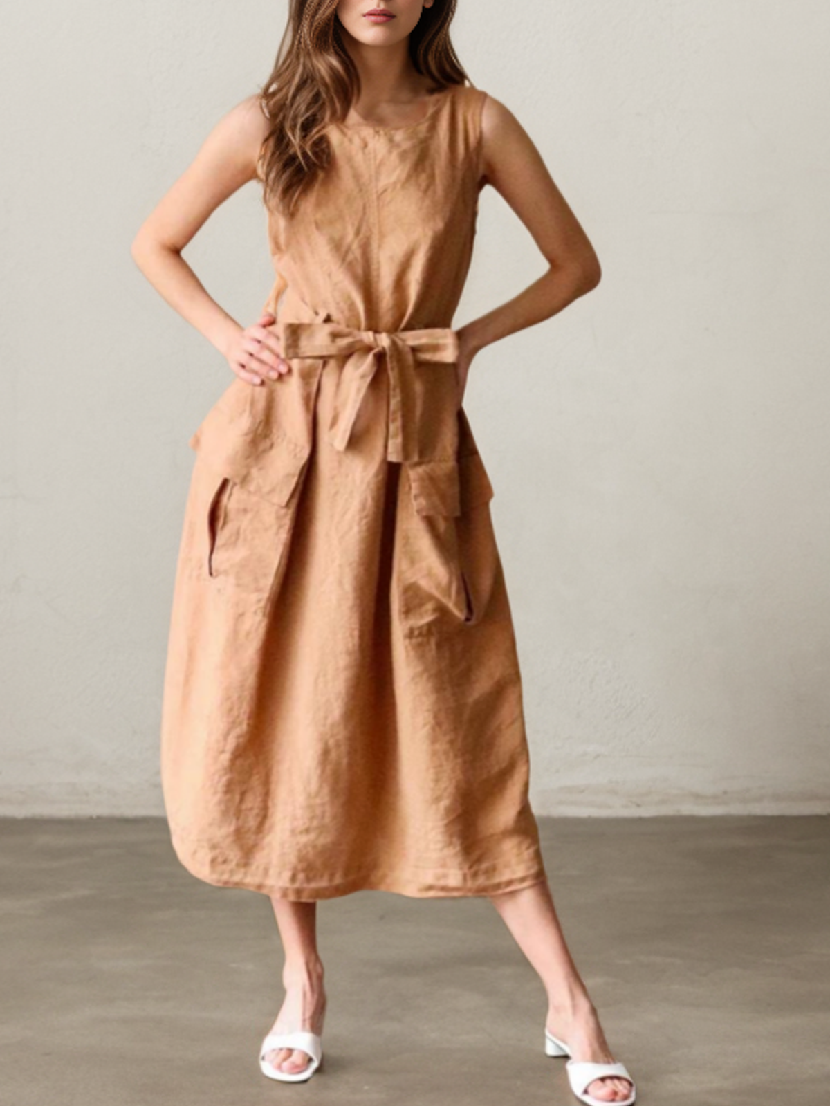 Linen Plain Crew Neck Maxi Dress