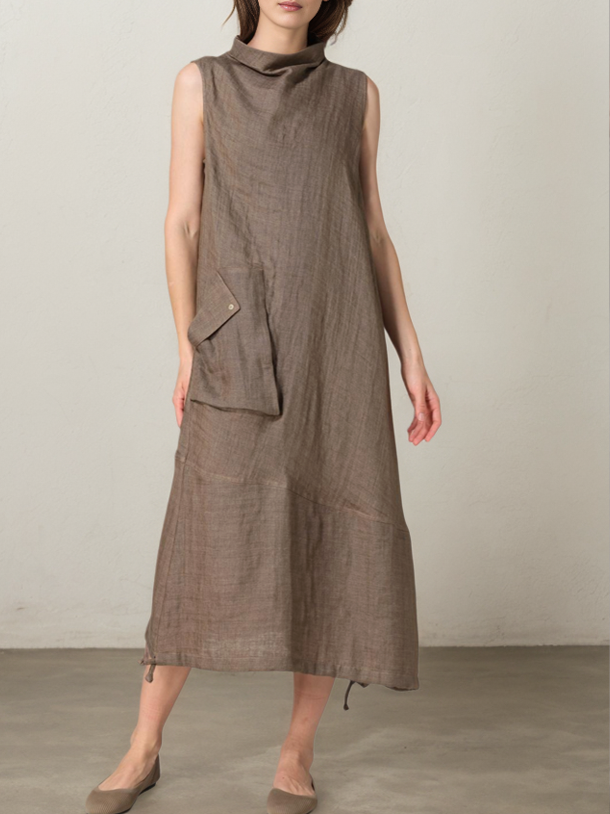 Linen Plain Mock Neck Maxi Dress