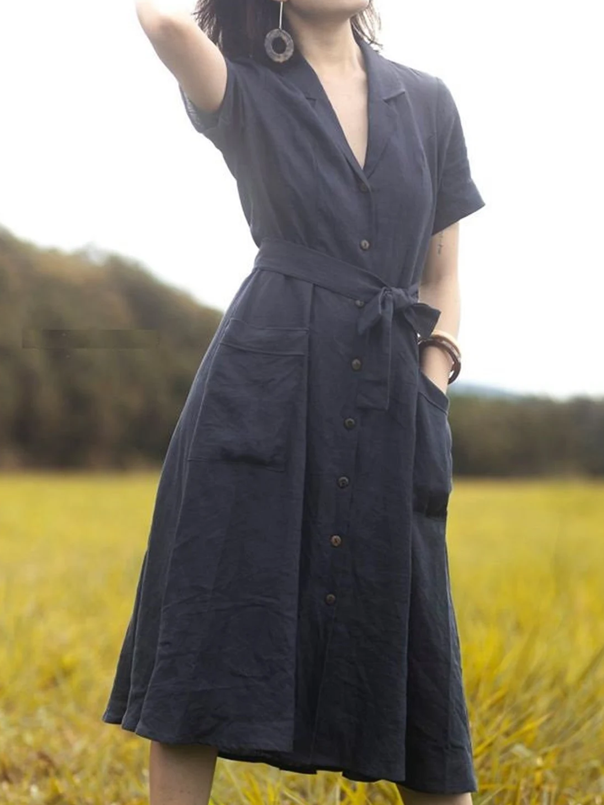 Linen Plain Camp Collar Maxi Dress