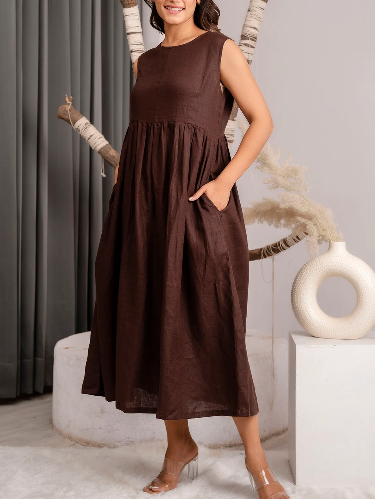 Linen Plain Crew Neck Maxi Dress